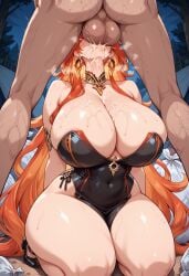 ai_generated balls breasts cum_in_mouth deepthroat female genshin_impact huge_breasts kneeling large_breasts mavuika_(genshin_impact) milf old_male old_man older_male red_eyes red_hair steam sweat sweating thick_thighs uglyhomlessai