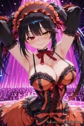 2025 ai_generated anime armpits arms_behind_head arms_up bangs bare_shoulders black_choker black_hair blush bow breasts breasts choker cleavage clock_eyes closed_mouth collarbone crossover date_a_live detached_sleeves dress eye_contact female female female_focus flushed frilled_dress frills hair_accessory hairband heterochromia highres huge_breasts large_breasts lolita_fashion lolita_hairband long_hair looking_at_viewer neutral_expression nsfw orange_dress patreon red_dress red_eyes rognezart smile smiling solo symbol-shaped_pupils tokisaki_kurumi twintails twintails very_long_hair yellow_eyes
