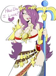 breasts camilla_(fire_emblem) cleavage female fire_emblem fire_emblem_fates fully_clothed huge_breasts jinu kid_icarus nintendo palutena palutena_(cosplay) text thick voluptuous wide_hips