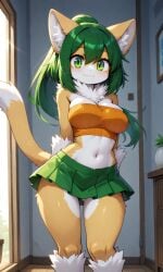 ai ai-created ai_art ai_generated anthro breasts clothing crop_top domestic_cat furry_female looking_at_viewer pixai skirt sollyz solo solo_female solo_focus strapless sundyz tagme