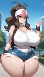 1girls ai_generated big_ass big_breasts blue_eyes breasts brown_hair cleavage curvaceous curvy_female cutoff_shorts daisy_dukes female female_only game_freak hana_aera hat hilda_(pokemon) hourglass_figure large_breasts light-skinned_female light_skin looking_at_viewer nintendo outdoors pawg pokemon pokemon_bw posing short_shorts standing thick thick_thighs voluptuous voluptuous_female wide_hips