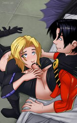 1boy 1girls batgirl batgirl_(stephanie_brown) batman_(series) bed bedroom black_hair blonde_hair boots canon_couple clothed_sex clothing costume dc dc_comics fellatio female gloves male oral penis red_robin stephanie_brown tim_drake zet13