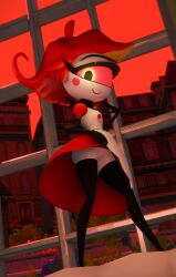 1_eye 3d_(artwork) absurd_res ass clothed clothing clothing_lift cyclops demon demon_humanoid digital_media_(artwork) dress dress_lift eyelashes female flashing flashing_pussy genitals hair hazbin_hotel hi_res humanoid legwear looking_at_viewer lorded maid_uniform no_underwear outdoor_nudity pose pussy red_eyes red_hair seductive smile solo standing stockings uniform vulva white_body