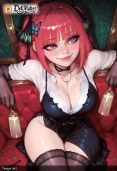 ai_generated alcohol bangs bendy_straw blue_butterfly blunt_bangs blush breasts bubble_tea bug butterfly butterfly_hair_ornament champagne champagne_flute choker cleavage closed_mouth cocktail cocktail_glass collarbone couch cup dollmaker dollmaker_(artist) drink drinking_glass drinking_straw drunk eyebrows_visible_through_hair female glass gloves hair_ornament holding holding_cup ice ice_cube jewelry large_breasts long_hair looking_at_viewer nakano_nino on_couch patreon_logo patreon_username red_hair see-through shirt sitting smile solo tagme thighhighs thighs watermark web_address whiskey white_shirt wine wine_glass