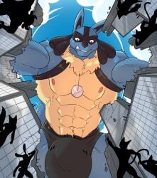 anthro big_bulge blue_body bulge canid canine city clothing cloud destruction detailed_bulge fish_eye_view generation_4_pokemon genital_outline happyending hi_res looming low-angle_view lucario macro male mammal muscular muscular_male nintendo nipples pokemon pokemon_(species) red_eyes silhouette speedo spines swimwear