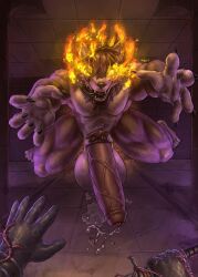 absurd_res animal_genitalia anthro balls barbed_wire bell_bearing_hunter big_balls big_penis bodily_fluids canid canine cum elden_ring_nightreign foreskin fromsoftware genital_fluids genitals hair hair_over_eye hi_res humanoid_genitalia humanoid_penis hybrid_genitalia hybrid_penis imminent_danger jumping male mammal muscular muscular_male one_eye_obstructed open_mouth penis pubes sam_hansen sheath sheathed_humanoid_penis shybird tongue tongue_out uncircumcised