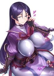 areolae big_breasts bodysuit breasts clothed covered_nipples fate/grand_order fate_(series) female female_only heart japanese_clothes large_breasts long_hair looking_at_viewer minamoto_no_raikou_(fate/grand_order) navel nipples no_bra okitakung puffy_nipples purple_bodysuit purple_hair see-through sitting skin_tight smile solo