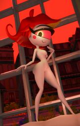 1_eye 3d_(artwork) absurd_res ass breasts cyclops demon demon_humanoid digital_media_(artwork) eyelashes female genitals hair hazbin_hotel hellaverse hi_res humanoid looking_at_viewer lorded niffty nipples not_furry nude outdoor_nudity pose pussy red_eyes red_hair seductive smile solo standing vulva white_body