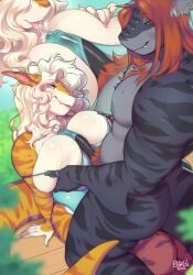 2025 5_fingers alternate_species anthro anthro_on_anthro ass big_breasts blue_sclera bodily_fluids breast_grab breast_play breasts buxbi buxbi_(character) chompa_(character) clothed clothed_female clothing cum cum_in_clothing cum_through_clothing day duo ear_piercing ear_ring eyelashes female fingers fish furgonomics furry-specific_piercing genital_fluids grey_body hair hand_on_breast huge_breasts intraspecies long_hair male male/female marine nipples non-mammal_breasts one-piece_swimsuit orange_body outside piercing red_hair ring_piercing saliva sex shark signature sitting striped_body stripes sweat swimwear titjob tongue tongue_out wet wet_clothing white_body white_hair yellow_eyes