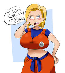 1girls android_18 big_breasts blonde_hair blue_eyes dragon_ball female female_only fully_clothed jinu large_breasts solo thick thick_thighs voluptuous wide_hips