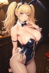 ai_generated ani_grok blonde_hair blue_eyes blush breasts bunny_tail female fishnet_pantyhose fishnets grok grok_(x) hand_on_face large_breasts long_hair looking_at_viewer nibba one_eye_closed playboy_bunny rabbit_ears shiny_skin smile twintails twitter