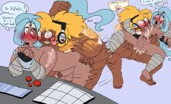 acne bandages blue_hair cumshot dororo dororo_(sgt._frog) drooling freckles gay gay_sex gijinka glasses hands_tied headphones holding kururu leaning_on_counter leaning_on_table licking_nipples long_hair pounding pulling_hair railing riding scars shaking sitting standing sweating swirly_glasses tongue_out vitiligo yeetymcbeet yellow_hair