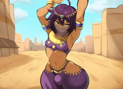 1boy ai_generated arabian arabian_clothes ass belly_dancer belly_dancer_outfit bulge femboy green_eyes harem_outfit harem_pants huge_ass male mouth_veil mullon novelai purple_hair solo thick_thighs town trap