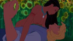 backdoorgoat breasts clothing dark-skinned_female dark_skin disney disney_princess edit interracial john_smith male_focus native_american nipples pocahontas pocahontas_(character) screenshot screenshot_edit