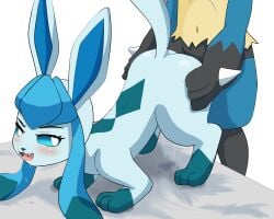 absurd_res anthro anthro_on_feral blarkel blue_body blue_eyes blue_fur blue_hair canid canine doggy_style duo eeveelution fangs female feral from_behind_position fur generation_4_pokemon glaceon hair hi_res lucario male male/female mammal nintendo pokemon pokemon_(species) sex teeth zoophilia