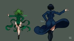 2girls ass back backboob black_hair clothed dat_ass esper_sisters female_only fubuki_(one-punch_man) green_hair hourglass_figure huge_ass impossible_clothes large_breasts necklace no_panties one-punch_man small_breasts tagme tatsumaki thegoldensmurf thick_thighs thighhighs wide_hips