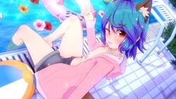 3d benji_(senpien’t) blue_hair breasts dog_ears dogboy dyed_hair freckles freckles_on_face grin jacket kemonomimi koikatsu looking_at_viewer male necklace oc original_character pool poolside purple_hair red_eyes senpien’t smiling_at_viewer swimming_trunks topless transmasc wink winking_at_viewer