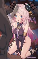 1girls 2boys armlet artist_name bar_censor black_leotard blue_eyes body_markings braid breasts censored citlali_(genshin_impact) commentary dated english_commentary erection facial_mark female floating_headgear forehead_mark genshin_impact hair_intakes headgear highres hilichurls_(species) hoyoverse indoors jewelry leotard long_hair looking_up male medium_breasts mihoyo multiple_boys open_mouth parted_bangs penis penis_awe pink_hair pink_pupils ribbed_leotard rikume ring_hair_ornament side_braid sitting triangle triangle_facial_mark twin_braids wariza