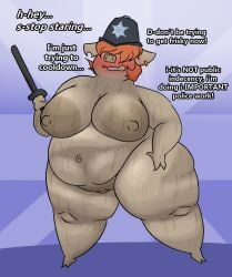 anthro areola big_areola big_breasts bikini blush bodily_fluids breasts clothing ear_piercing female hair hair_over_eyes mammal nude olga_(oxkingky) orange_hair overweight overweight_female oxkingky piercing police police_baton police_hat solo suid suine sweat swimwear text two-piece_swimsuit