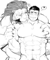 anthro anthro_on_human anthro_on_male arsalan bite blush body_hair drooling feline gay gomtang happy_trail heart human human_on_anthro interspecies lion male male_on_anthro male_only mammal monochrome muscular muscular_male saliva tokyo_afterschool_summoners yaoi zabaniyya_(tokyo_afterschool_summoners)