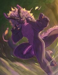 2_horns action_pose anthro balls barbel_(anatomy) big_penis black_body black_scales dragon eastern_dragon erection flesh_whiskers genitals grey_hair hair hi_res horn humanoid_genitalia humanoid_penis long_hair looking_at_viewer male mythological_creature mythological_scalie mythology oriont penis pose purple_body purple_scales scales scalie smile solo tail thick_tail ventral_scales