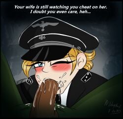 blonde_hair blowjob blue_eyes cheating_husband dark-skinned_male dark_skin face_closeup gay_blowjob history interracial light-skinned_male light_skin male male/male male_only military_uniform militaryboiz nazi nazi_uniform peaked_cap soldier ss_uniform world_war_2 ww2