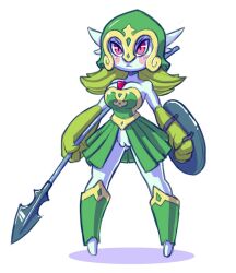 armor bare_shoulders belt big_breasts blush breastplate breasts exhibitionism female female_focus female_only gardevoir generation_3_pokemon green_armor green_hair green_helmet green_skirt helmet holding holding_polearm holding_shield holding_weapon humanoid humanoid_female humanoid_only knight leg_armor miniskirt nintendo not_furry open_clothes open_skirt plate_armor pokemon pokemon_(species) polearm public_indecency pussy red_eyes serious shade shield simple_background skirt solo solo_female spear twitter_link weapon white_background white_body