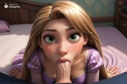 1boy 1boy1girl 1girls :>= ai_generated bed blonde_hair blowjob breasts disney disney_princess dress erection fellatio from_above green_eyes hi_res indoors lips long_hair looking_at_viewer looking_up male_pubic_hair on_bed oral penis pov pubic_hair puffy_sleeves purple_dress r34arts rapunzel rapunzel_(tangled) solo_focus straight tangled uncensored veins veiny_penis
