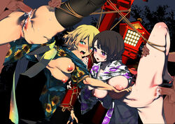 2boys 2girls anal aqua_eyes architecture black_hair blonde_hair blush bondage bound_together breasts cum cum_in_pussy east_asian_architecture femsub hanging_breasts hige_(hige2) japanese_clothes lantern large_breasts looking_back medium_breasts multiple_boys multiple_girls multiple_subs nipples open_mouth original outdoors pale_skin penis puffy_nipples purple_eyes pussy restrained rope sex spread_legs sweat tan tears testicles thighhighs vaginal_penetration