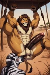 ai_generated angry anthro anus armpit_hair balls blush domination duo furry furrypornaddiction huge_cock lion male male/male muscular muscular_male penis pubes restrained rimjob rope rope_bondage savanna tied_up zebra