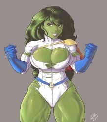 2014 2d bursting_breasts busty cleavage cleavage_cutout cosplay dc dc_comics female female_focus female_only green_body green_eyes green_hair green_skin green_skinned_female hourglass_figure hulk_(series) long_hair marvel marvel_comics overflowing_breasts power_girl_(cosplay) randomboobguy she-hulk superman_(series) tagme wide_hips