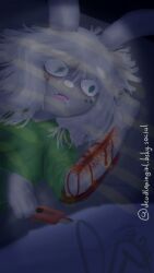 absurd_res anthro bed blind_eye blood blood_on_arm blood_on_bed blood_on_clothing blue_eyes bodily_fluids box_cutter clothing corpse death drooling eye_injury female fur furniture hi_res hoodie lagomorph leporid mammal manyanz rabbit saliva slit_wrist suicide tears topwear white_body white_fur wounded zero_pictured