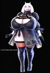 1girls 2b_(nier:automata) anthro artist_request big_breasts breasts breasts_bigger_than_head cleavage cosplay expansion_cinema female female_only furry furry_breasts furry_female heels high_heels huge_breasts large_breasts milf nier nier:_automata nier_(series) red_eyes toriel toriel_(undertale) undertale undertale_(series) yorha_2b_(cosplay)