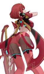 absurdres aegis_sword_(xenoblade) armor ass back backless_outfit black_gloves breasts commentary_request feet_out_of_frame female fingerless_gloves from_behind gloves highres impossible_clothes looking_at_viewer looking_back medium_breasts nintendo official_alternate_costume pantyhose pantyhose_under_shorts pyra pyra_(xenoblade) red_eyes red_hair red_shorts red_thighhighs short_hair shorts shoulder_armor simple_background solo standing super_smash_bros. suspender_shorts suspenders suspenders_hanging takahashi_hizumi thighhighs tiara weapon white_background xenoblade_(series) xenoblade_chronicles_(series) xenoblade_chronicles_2
