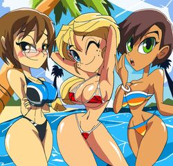 3girls arms_behind_head arms_up bare_shoulders beach big_breasts bikini bikini_bottom bikini_top blonde_hair blue_eyes blush bracelet brown_eyes brown_hair busty cleavage closed_eyes curvy day detailed_background female female_only freckles front_view glasses group hand_behind_back hand_behind_head hands_behind_back hands_behind_head hourglass_figure human long_hair looking_at_viewer manic47 micro_bikini midriff multiple_females multiple_girls one_eye_closed open_mouth original_character outdoor outside pose posing shiny shiny_skin short_hair skimpy smiling sports_bra standing string_bikini swimsuit thong tree underboob voluptuous water wide_hips wink yellow_hair yuri