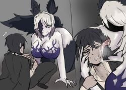 1boy 1girls big_breasts black_hair bra breasts dog_ears dog_girl dog_tail e.g.o_(project_moon) face_covered faust_(limbus_company) female licking licking_face limbus_company male project_moon tail telepole_(e.g.o.)_(limbus_company) tsutsunotsumi white_hair yi_sang_(limbus_company)