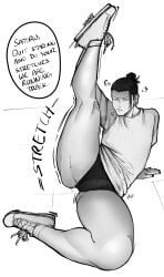 1boy 2025 alternate_version_available annoyed annoyed_expression annoyed_face ass black_and_white black_hair black_nail_polish black_nails bulge_through_clothing bulge_under_clothes dark_hair dialogue ear_piercing earrings getou_suguru jujutsu_kaisen leg_up looking_at_viewer male male_only nail_polish nails nails_painted notsafe4marcus one_leg_raised one_leg_up panties panties_bulge penis penis_bulge pierced_ears piercing pov pov_eye_contact shoe shoes shoes_on simple_background sneakers stretch stretching suguru_geto t-shirt thick_thighs thigh_focus thighs tied_hair underwear