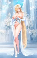 absurdres aki_yama73 alternate_costume asuna_(blue_archive) bare_shoulders blue_archive blue_halo blurry blurry_background blush breasts brown_hair cleft_of_venus commentary_request dress elbow_gloves female flower four-finger_heart_hands full_body gloves hair_flower hair_ornament hair_over_one_eye halo heart heart_hands high_heels highres large_breasts legs long_hair mole mole_on_breast navel nipples pussy shoes smile solo standing stomach thighs uncensored very_long_hair wedding_dress white_flower white_gloves white_shoes