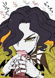 autoscorer black_hair black_lipstick dark-skinned_male doll doll_girl doll_joints eyeliner fellatio leiur_darahim lipstick multicolored_hair oral penis_grab senki_zesshou_symphogear short_hair straight two_tone_hair yellow_eyes zasshu_nigou