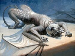 2019 5_fingers animal_genitalia anthro black_nose bridge_pose brown_body brown_fur canid canine canis claws demon finger_claws fingers fur genitals hibbary hybrid inner_ear_fluff kassidey_(defenbaugh) looking_at_viewer lying male mammal membrane_(anatomy) membranous_wings neck_tuft nude_anthro nude_male on_back pawpads pointy_ears prick_ears sheath solo spade_tail spots tail teeth_showing traditional_media_(artwork) tuft white_body white_fur wing_claws wings wolf yellow_eyes