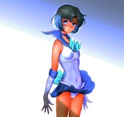 ami_mizuno bishoujo_senshi_sailor_moon blue_eyes blue_hair breasts circlet clothing covered_navel elbow_gloves female flat_chest gloves leotard pleated_skirt pussy sailor_collar sailor_mercury short_hair skirt solo sonota_taisei white_gloves