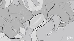 3_fingers animated anthro anthro_on_anthro anthro_penetrated anthro_penetrating anthro_penetrating_anthro bandai_namco biped closed_eyes clothing digimon digimon_(species) duo erection exveemon fingers fur genitals gloves handwear hi_res lapatte larger_male lying male male_penetrating on_back oral oral_penetration penetration penile penile_penetration penis renamon sex size_difference teeth tongue
