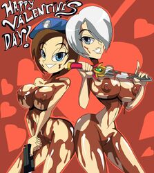 2girls bare_shoulders beret big_breasts blue_eyes brown_hair busty capcom chocolate chocolate_on_body chocolate_on_breasts chocolate_on_face cleavage crossover curvy dagger detailed_background english_text erect_nipple erect_nipples female female_only firearm front_view gun handgun hat holding_object hourglass_figure human isabella_valentine jill_valentine jill_valentine_(julia_voth) looking_at_viewer manic47 multiple_females multiple_girls naked nude pistol pose posing resident_evil resident_evil_3 shiny shiny_skin short_hair smiling soul_calibur standing text video_game video_games voluptuous weapon wide_hips yuri