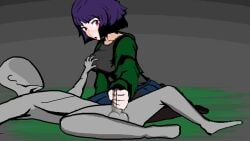 1boy 1girls about_to_cum adorable_face akemi_ito animated black_stockings blue_skirt blushing breasts cum_pool cum_pooling echoes_of_the_town female foreskin foreskin_folds gray_penis green_jacket huge_breasts indie_game male penis pixel_art pixelated pixels premature_cumshot premature_ejaculation purple_hair red_eyes short_hair small_penis town uncircumcised video visual_novel