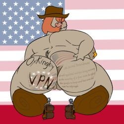 american_flag anthro areola ass big_areola big_breasts blush boots breasts butt_tattoo clothing cowboy cowboy_boots cowboy_hat female footwear genitals hair hair_over_eyes hat headgear headwear mammal olga_(oxkingky) overweight overweight_female oxkingky pasties second_amendment shoes solo spread_butt spreading star_pasties suid suine sus_(pig) tattoo union_jack united_states_of_america vulva