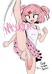 1girls balls doki_doki_literature_club female flaccid futanari intersex kick kicking large_penis legs_up natsuki_(doki_doki_literature_club) no_panties oerba_yun_fang open_mouth penis self_upload simple_background skirt solo tagme unepicroachy