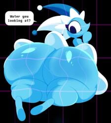 ass big_butt blue_body clothing deltarune dialogue ekkokenight elemental_creature female fool's_hat hat headgear headwear hi_res huge_butt humanoid mizzle_(deltarune) presenting presenting_hindquarters solo undertale_(series) water water_creature