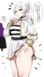 absurdres bar_censor black_robe blurry blurry_background capelet censored clothes_lift earrings elf female fern_(sousou_no_frieren) frieren green_eyes highres index_finger_raised jewelry lifting_own_clothes long_hair notice_lines panties pointy_ears purple_hair pussy pussy_juice pussy_juice_drip robe shirt skirt skirt_lift solo sousou_no_frieren speech_bubble striped_clothes striped_shirt sweat translation_request twintails underwear wet_panties wet_pussy white_background white_capelet white_hair white_panties white_shirt white_skirt woo_(woosan)
