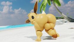 3d 3d_(artwork) 4k anthro ass azul_uwu balls beach big_ass big_butt brown_body brown_eyes brown_fur bubble_butt eevee furry furry_male game_freak hi_res highres male outdoors outside palm_tree penis pokémon_(species) pokemon pokemon_(species) presenting presenting_hindquarters sand tail thicc thick_ass thick_butt water