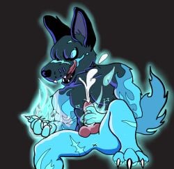 animal_genitalia animal_penis anthro balls bodily_fluids canid canine canis cum digital_media_(artwork) erection fur genital_fluids genitals hair inugami_(tee_k.o.) jackbox_games male mammal nipples nude penis scar simple_background solo tail tee_k.o. the_jackbox_party_pack whatevershark
